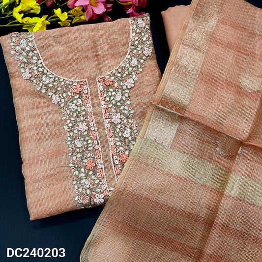 CODE DC240203 : Pastel peach tissue kota silk cotton unstitched salwar material, rich hand embroidered on yoke& front(thin fabric, lining needed)matching santoon bottom, tissue kota silk cotton dupatta with zari woven buttas& borders.