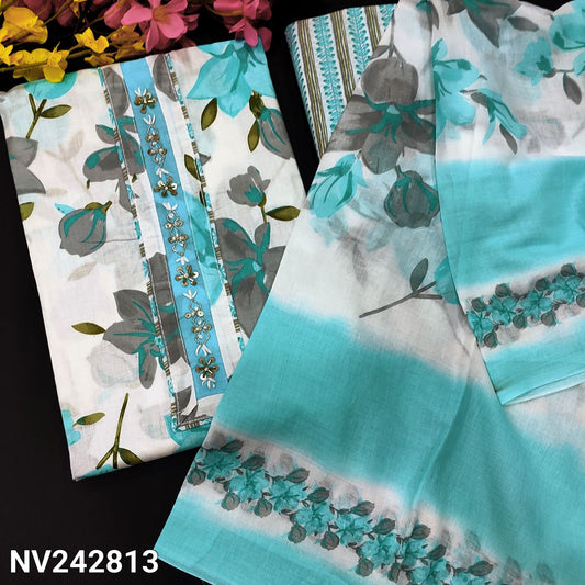 CODE NV242813 : White base BLUE floral printed soft cotton unstitched salwar material, zardozi& sequins work on yoke(lining needed)vertical printed cotton bottom, floral printed pure soft cotton dupatta(REQUIRES TAPINS).