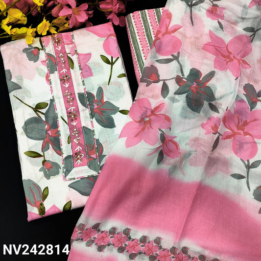 CODE NV242814 : White base PINK floral printed soft cotton unstitched salwar material, zardozi& sequins work on yoke(lining needed)vertical printed cotton bottom, floral printed pure soft cotton dupatta(REQUIRES TAPINS).