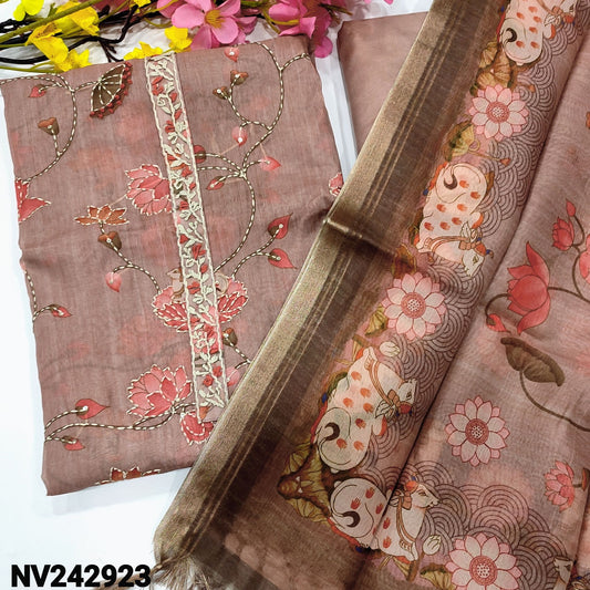 CODE NV242923 : Light onion pink digital printed premium silk cotton unstitched salwar material, thread& sequins work on yoke &front(thin fabric, lining needed)matching santoon bottom, digital pichwai printed silk cotton dupatta with gold tissue borders.