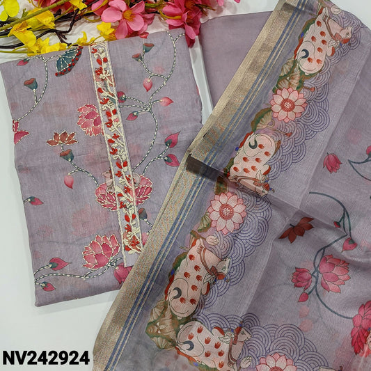 CODE NV242924 : Lavender digital printed premium silk cotton unstitched salwar material, thread& sequins work on yoke &front(thin fabric, lining needed)matching santoon bottom, digital pichwai printed silk cotton dupatta with gold tissue borders.