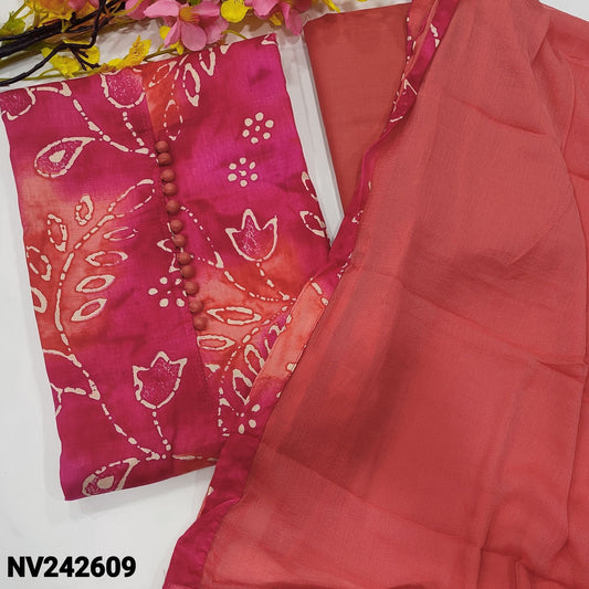 CODE NV242609 : Pink &peach shaded printed satin cotton unstitched salwar material, potli buttons on yoke(lining optional)pastel pink cotton bottom, fancy chiffon dupatta with tapings.