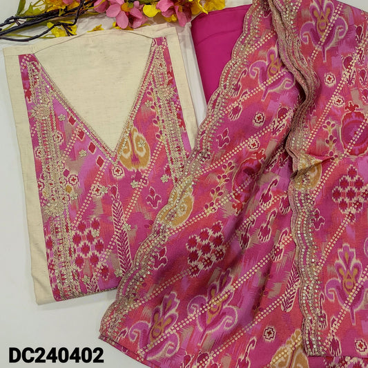 CODE DC240402 : Rich beige semi raw silk unstitched salwar material, printed v neck, zari& sequins work on yoke& front(lining needed)pink silky cotton bottom, short width patola printed modal maslin silk dupatta with sequins work &scallop edges.