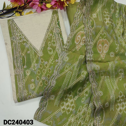 CODE DC240403 : Rich beige semi raw silk unstitched salwar material, printed v neck, zari& sequins work on yoke& front(lining needed)green silky cotton bottom, short width patola printed modal maslin silk dupatta with sequins work &scallop edges.