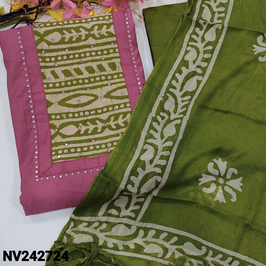 CODE NV242724 : Pink soft silk cotton unstitched salwar material, batik dyed yoke patch with faux mirror work(lining needed)mossy green batik dyed pure cotton bottom, batik dyed fancy soft silk cotton dupatta with tassels.