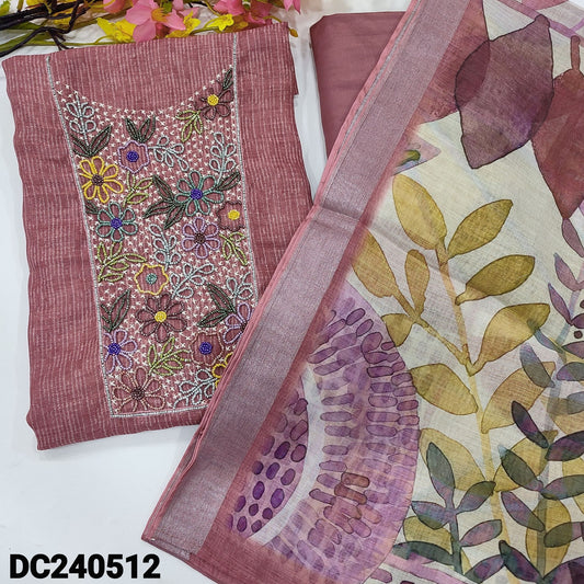 CODE DC240512 : Dark onion pink designer printed premium linen unstitched salwar material, rich bead work on yoke(thin fabric, lining needed)matching santoon bottom, printed premium linen dupatta with silver tissue borders.