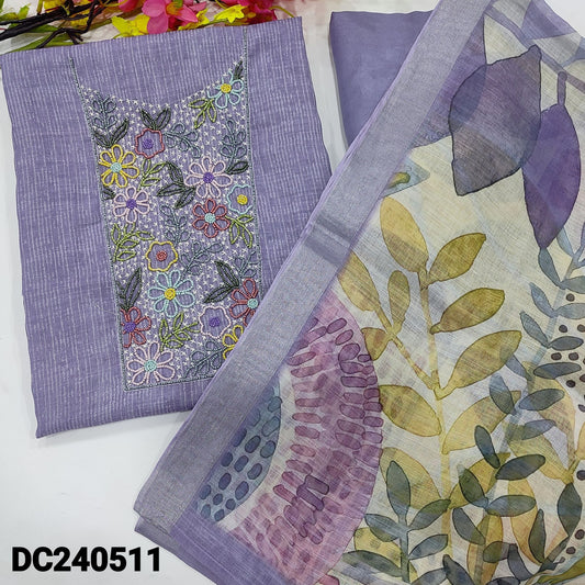 CODE DC240511 : Lavender designer printed premium linen unstitched salwar material, rich bead work on yoke(thin fabric, lining needed)matching santoon bottom, printed premium linen dupatta with silver tissue borders.