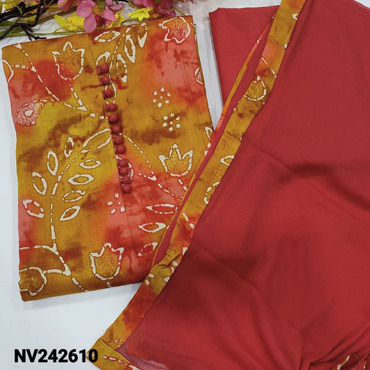 CODE NV242610 : Mehandhi yellow& peachish pink shaded printed satin cotton unstitched salwar material, potli buttons on yoke(lining optional)peachish pink cotton bottom, fancy chiffon dupatta with tapings.