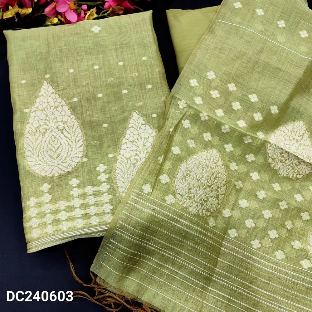 CODE DC240603: Pastel green jamdani woven premium silk cotton unstitched salwar material(thin fabric lining