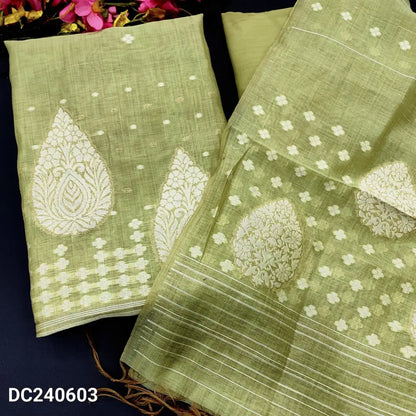 CODE DC240603: Pastel green jamdani woven premium silk cotton unstitched salwar material(thin fabric lining