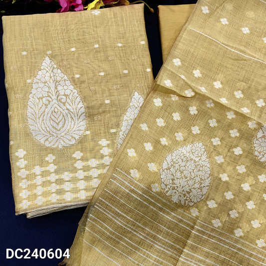 CODE DC240604 : Yellowish beige jamdani woven premium silk cotton unstitched salwar material(thin fabric, lining needed)matching pure cotton bottom, jamdani woven premium silk cotton dupatta with tassels.