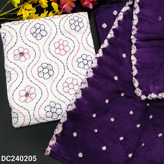 CODE DC240205 : White pure cotton unstitched salwar material, heavy thread& real mirror work on front(thin fabric, lining needed)purple original bandhini dyed bottom, original bandhini dyed pure cotton dupatta.