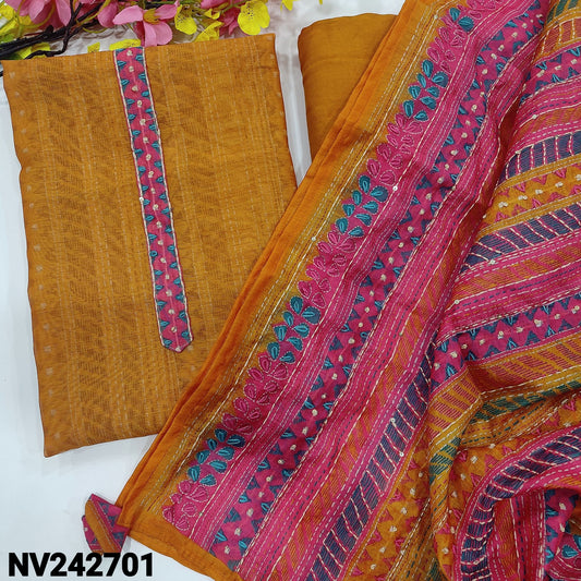 CODE NV242701 : Light orange designer digital sobar printed silk cotton unstitched salwar material, thread &sequins work on yoke(thin fabric, lining needed)matching santoon bottom, multi color digital printed silk cotton dupatta with heavy hand work.