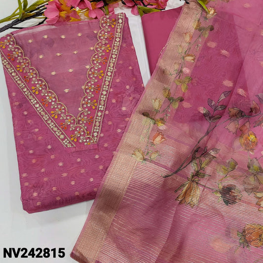 CODE NV242815 : Light beetroot purple sobar printed fancy organza unstitched salwar material, v neck with zari& sequins, zari buttas all over(thin, lining needed)matching spun cotton bottom, floral printed fancy organza dupatta with zari buttas& borders.