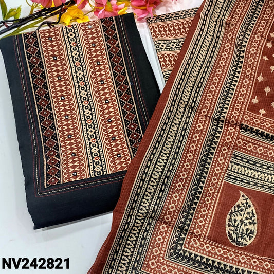 CODE NV242821 : Black pure cotton unstitched salwar material, printed yoke with faux mirror work(lining optional)block printed pure soft cotton bottom, block printed pure kota cotton dupatta.