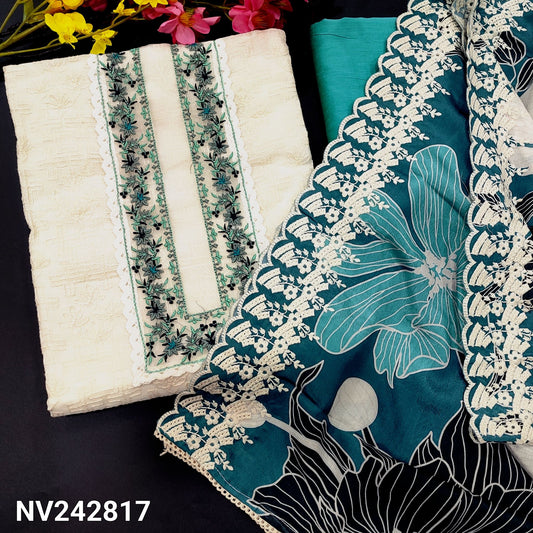 CODE NV242817 : Half white fancy super net unstitched salwar material, embroidered& lace work on yoke, self embroidered on front(netted, lining needed)teal blue cotton bottom, floral printed fancy soft silk dupatta with embroidered&scallop edges.