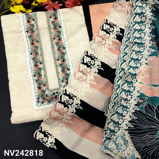 CODE NV242818 : Half white fancy super net unstitched salwar material, embroidered& lace work on yoke, self embroidered on front(netted, lining needed)pastel peach cotton bottom, floral printed fancy soft silk dupatta with embroidered&scallop edges.