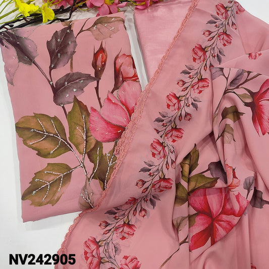 CODE NV242905 : Pastel pink digital printed semi georgette unstitched salwar material, bead, zari& sequins work on front(thin fabric, lining needed)matching silky fabric provided for both bottom& lining, floral printed semi georgette dupatta.