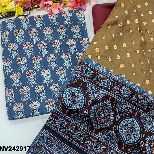 CODE NV242917 : Indigo blue ajrak hand block printed premium cotton unstitched salwar material(lining optional)maroon pure soft cotton bottom, bandhini dyed pure cotton dupatta with ajrak pallu(MISPRINTS ARE NOT CONSIDERED AS DEFECTS).