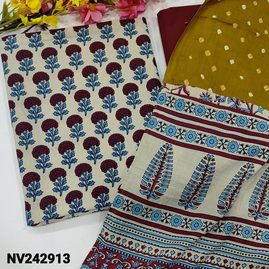 CODE NV242913 : Half white ajrak hand block printed premium cotton unstitched salwar material(lining optional)maroon pure soft cotton bottom, bandhini dyed pure cotton dupatta with ajrak pallu(MISPRINTS ARE NOT CONSIDERED AS DEFECTS).