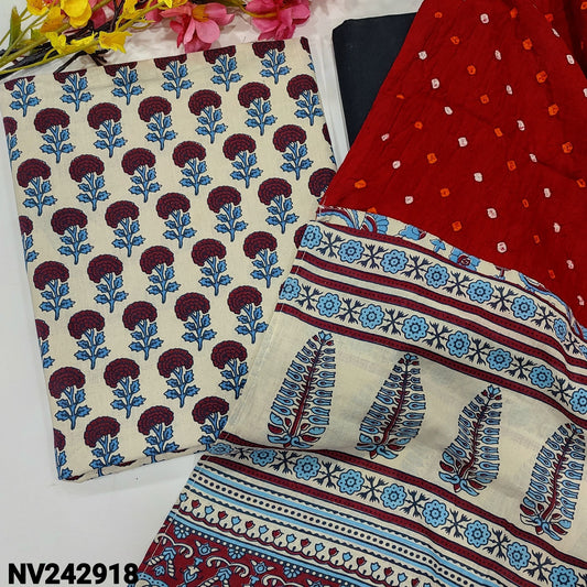 CODE NV242918 : Half white ajrak hand block printed premium cotton unstitched salwar material(lining optional)black pure soft cotton bottom, bandhini dyed pure cotton dupatta with ajrak pallu(MISPRINTS ARE NOT CONSIDERED AS DEFECTS).