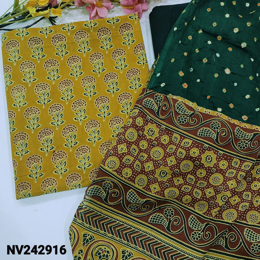 CODE NV242916 : Mehandhi yellow ajrak hand block printed premium cotton unstitched salwar material(lining optional)black pure soft cotton bottom, bandhini dyed pure cotton dupatta with ajrak pallu(MISPRINTS ARE NOT CONSIDERED AS DEFECTS).