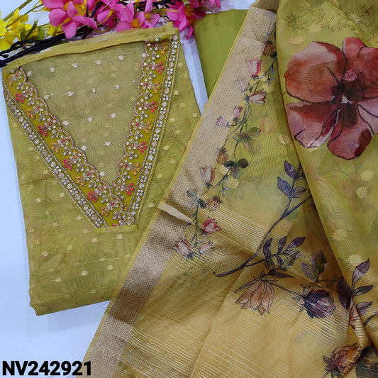 CODE NV242921 : Mehandhi yellow sobar printed fancy organza unstitched salwar material, v neck with zari& sequins, zari buttas all over(thin, lining needed)matching spun cotton bottom, floral printed fancy organza dupatta with zari buttas& borders.