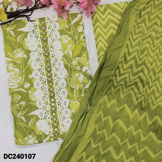 CODE DC240107 : Bright mossy green floral printed premium cotton unstitched salwar material, lace &real mirror work on yoke(lining optional)zig zag printed cotton bottom, zig zag printed crinkled pure cotton dupatta with lace tapings.