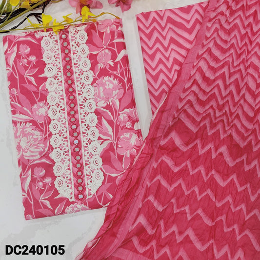 CODE DC240105 : Bright pink floral printed premium cotton unstitched salwar material, lace &real mirror work on yoke(lining optional)zig zag printed cotton bottom, zig zag printed crinkled pure cotton dupatta with lace tapings.