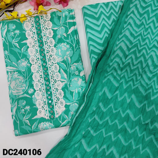 CODE DC240106 : Bright turquoise blue floral printed premium cotton unstitched salwar material, lace &real mirror work on yoke(lining optional)zig zag printed cotton bottom, zig zag printed crinkled pure cotton dupatta with lace tapings.