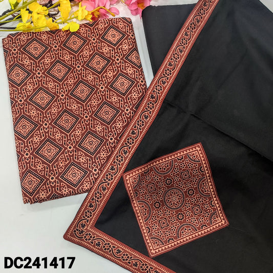 CODE DC241417 : Maroon ajrak hand block printed unstitched salwar material(lining optional)black pure cotton bottom, premium soft mul cotton dupatta with applique work& tapings.