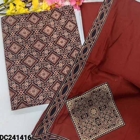 CODE DC241416 : Black ajrak hand block printed unstitched salwar material(lining optional)maroon pure cotton bottom, premium soft mul cotton dupatta with applique work& tapings.