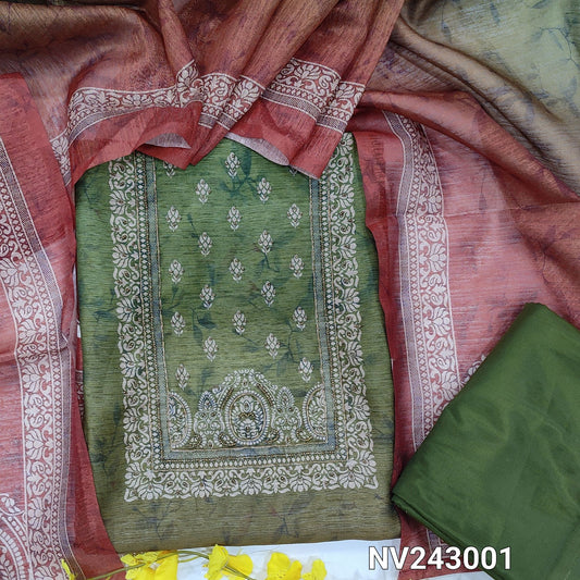 CODE NV243001 : Green& brick red dual shaded digital printed fancy silk cotton unstitched salwar material, zardozi& bead work on yoke(thin fabric, lining needed)green silky bottom, dual shaded fancy silk cotton dupatta.