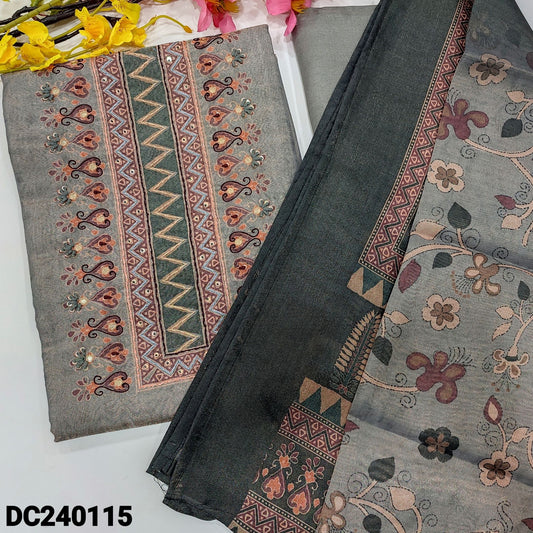 CODE DC240115 : Grey with golden tint designers tissue silk cotton unstitched salwar material, digital printed yoke with thread& sequins work(thin fabric, lining needed)matching santoon bottom, digital printed tissue silk cotton full length dupatta.