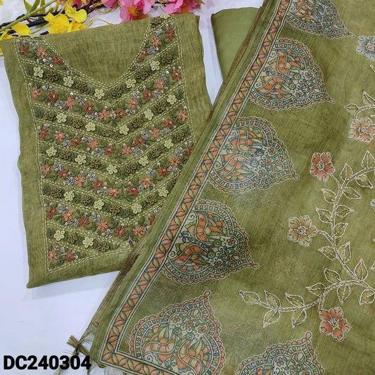 CODE DC240304 : Olive green with golden tint premium tissue linen unstitched salwar material, heavy hand embroidered on yoke(thin fabric, lining needed)matching santoon bottom, printed tissue linen dupatta with hand embroidered.