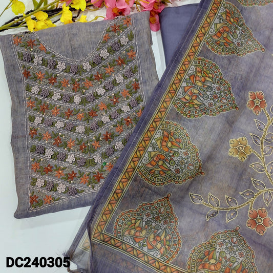 CODE DC240305 : Light purple with golden tint premium tissue linen unstitched salwar material, heavy hand embroidered on yoke(thin fabric, lining needed)matching santoon bottom, printed tissue linen dupatta with hand embroidered.