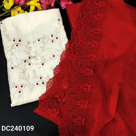 CODE DC240109 : Half white premium silk cotton unstitched salwar material, rich thread& bead work on yoke(soft fabric, lining needed)reddish maroon bottom, fancy organza dupatta with heavy embroidered& cut work edges.