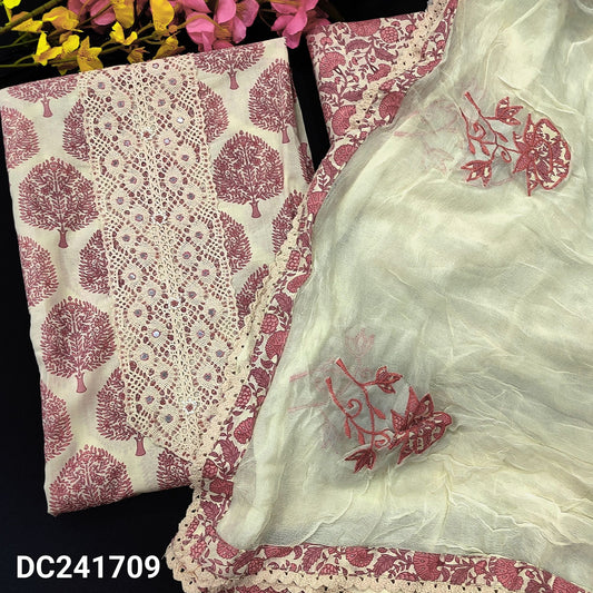 CODE DC241709 : Half white base printed cotton unstitched salwar material, lace &faux mirror work on yoke(lining needed)printed cotton bottom, embroidered premium chiffon dupatta with applique work.