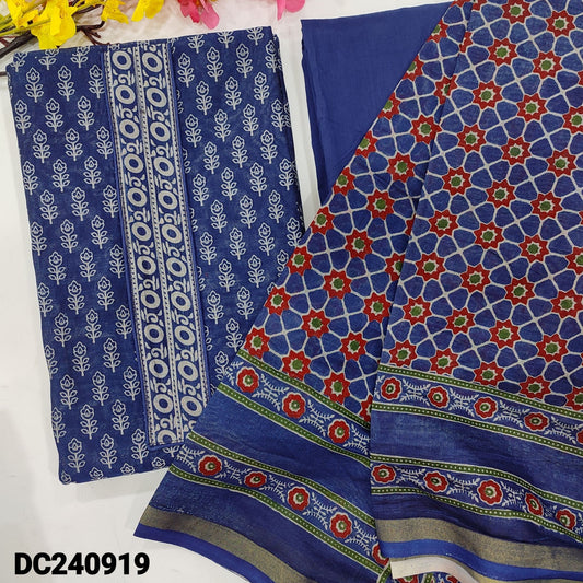 CODE DC240919 : Dark blue printed premium chanderi soft silk cotton unstitched salwar material(thin fabric, lining needed)matching cotton bottom, printed chanderi silk cotton full length dupatta with gold tissue borders.