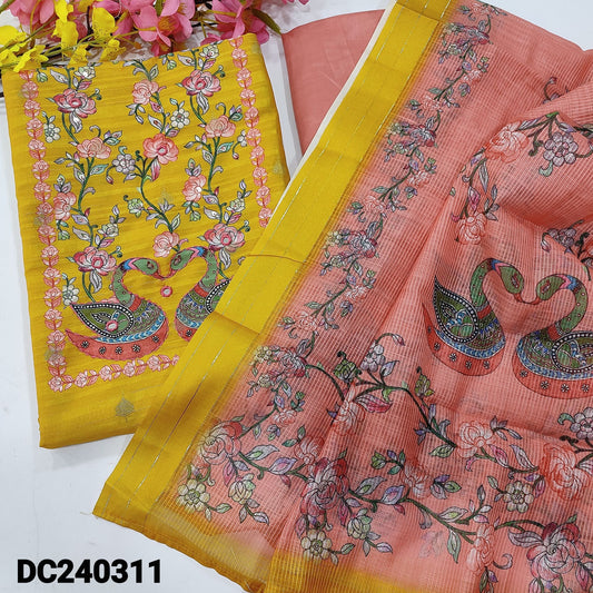 CODE DC240311 : Mango yellow digital printed silk cotton unstitched salwar material, real mirror& sequins work on yoke, self woven &zari buttas all over(lining needed)pastel pink silky bottom, digital printed silk cotton dupatta with borders.