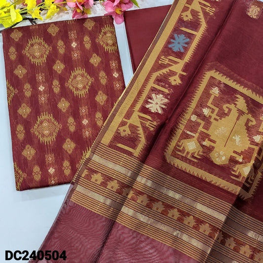 CODE DC240504 : Maroon designer jamdani woven premium silk cotton unstitched salwar material(thin fabric, lining needed)matching cotton bottom, jamdani woven premium silk cotton dupatta with tassels.