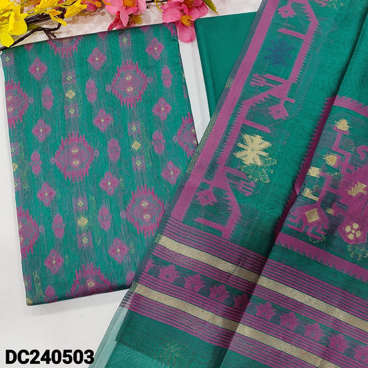 CODE DC240503 : Peacock green designer jamdani woven premium silk cotton unstitched salwar material(thin fabric, lining needed)matching cotton bottom, jamdani woven premium silk cotton dupatta with tassels.