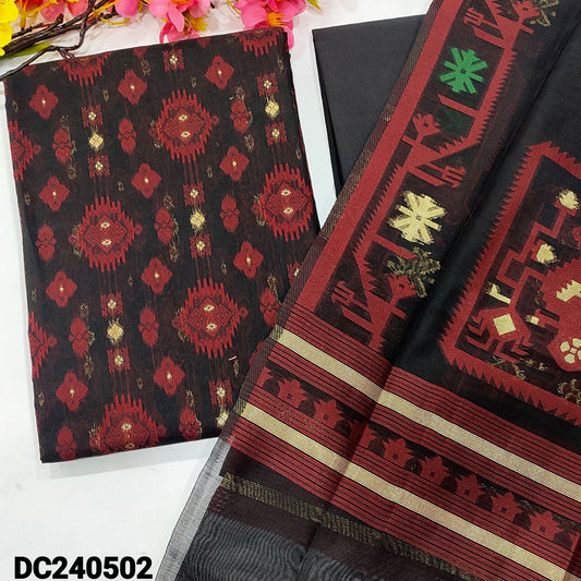 CODE DC240502 : Black designer jamdani woven premium silk cotton unstitched salwar material(thin fabric, lining needed)matching cotton bottom, jamdani woven premium silk cotton dupatta with tassels.