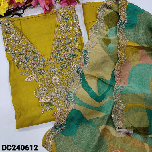 CODE DC240612 : Bright mehandhi yellow premium russian silk unstitched salwar material, v neck with rich work(shiny fabric, lining needed)matching santoon bottom, abstract printed short width tissue organza dupatta with scallop edges.