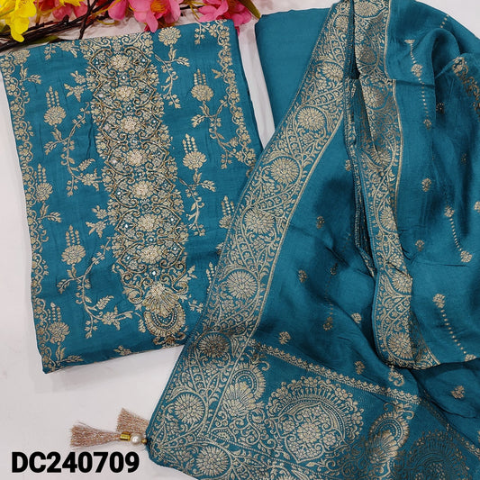 CODE DC240709 : Teal blue designer pure dola silk unstitched salwar material, rich work on yoke, panel pattern &antique gold zari work on front(shiny fabric, lining needed)matching santoon bottom, pure dola silk dupatta with rich zari woven design.