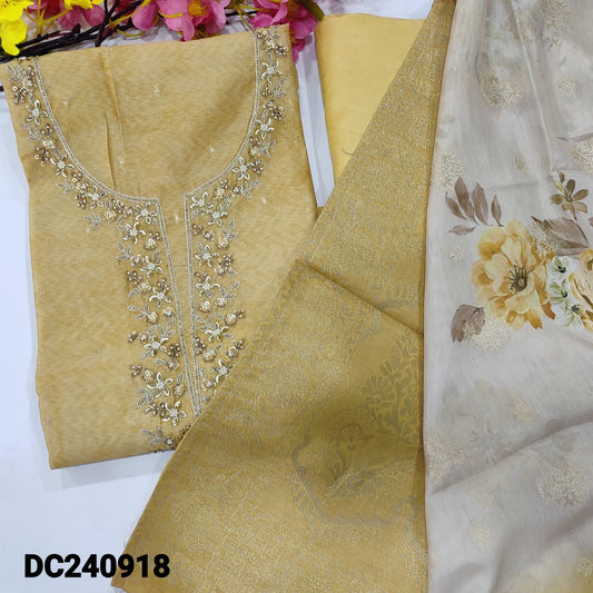 CODE DC240918 : Yellowish beige designer digital printed silk cotton unstitched salwar material, bead& sequins work on yoke, zari buttas all over(thin, lining needed)matching santoon bottom, digital printed silk cotton dupatta with zari buttas &borders.