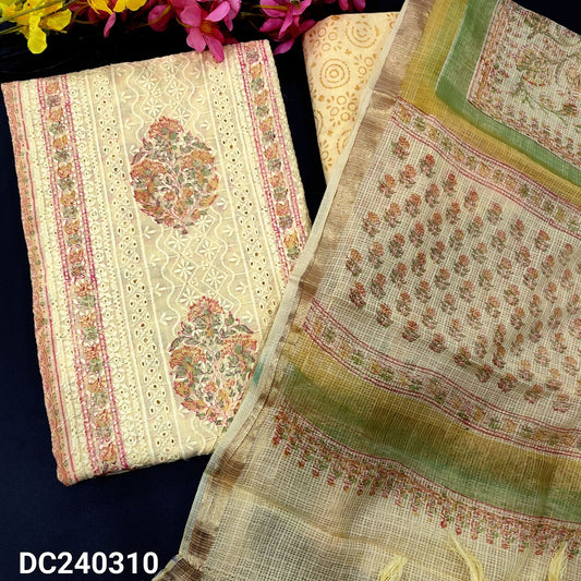 CODE DC240310 : Pastel yellow block printed chikankari embroidered mul cotton unstitched salwar material, panel pattern on front(thin fabric, lining needed)block printed cotton bottom, block printed kota cotton dupatta with gold tissue border: