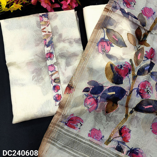 CODE DC240608 : Half white pink floral printed premium organza unstitched salwar material, printed yoke with thread& sequins work on yoke(thin fabric, lining needed)matching santoon bottom, printed premium organza dupatta thread& sequins work.