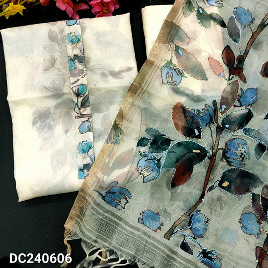 CODE DC240606 : Half white blue floral printed premium organza unstitched salwar material, printed yoke with thread& sequins work on yoke(thin fabric, lining needed)matching santoon bottom, printed premium organza dupatta thread& sequins work.