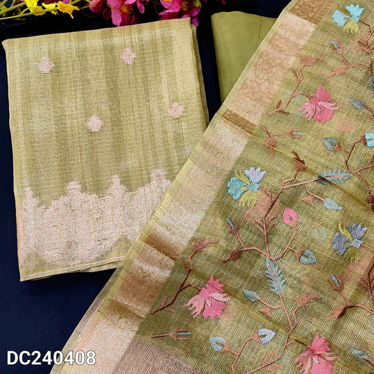 CODE DC240408 : Light cardamom green with golden tint designer tissue silk cotton unstitched salwar material, zari buttas on front(thin fabric, lining needed)bright cardamom green santoon bottom, heavy embroidered tissue silk cotton dupatta.